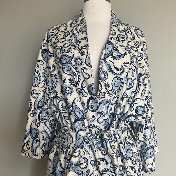 ZARA WOMAN BELTED PARSLEY PRINTED LINEN BLEND KIMONO JACKET BLUE WHITE XS-S‎ - Picture 3 of 10